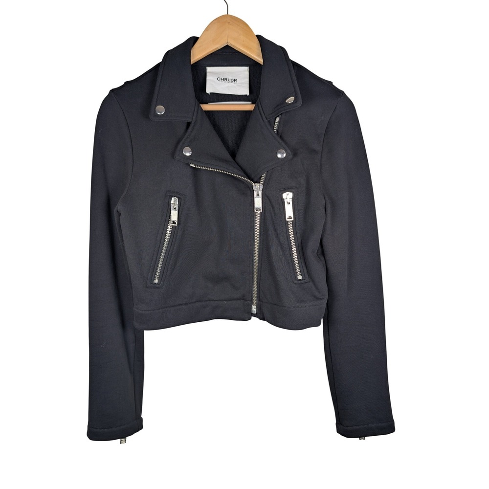 CHRLDR Black Moto Jacket Cropped Asymmetrical Zip Biker XS Edgy Streetwear